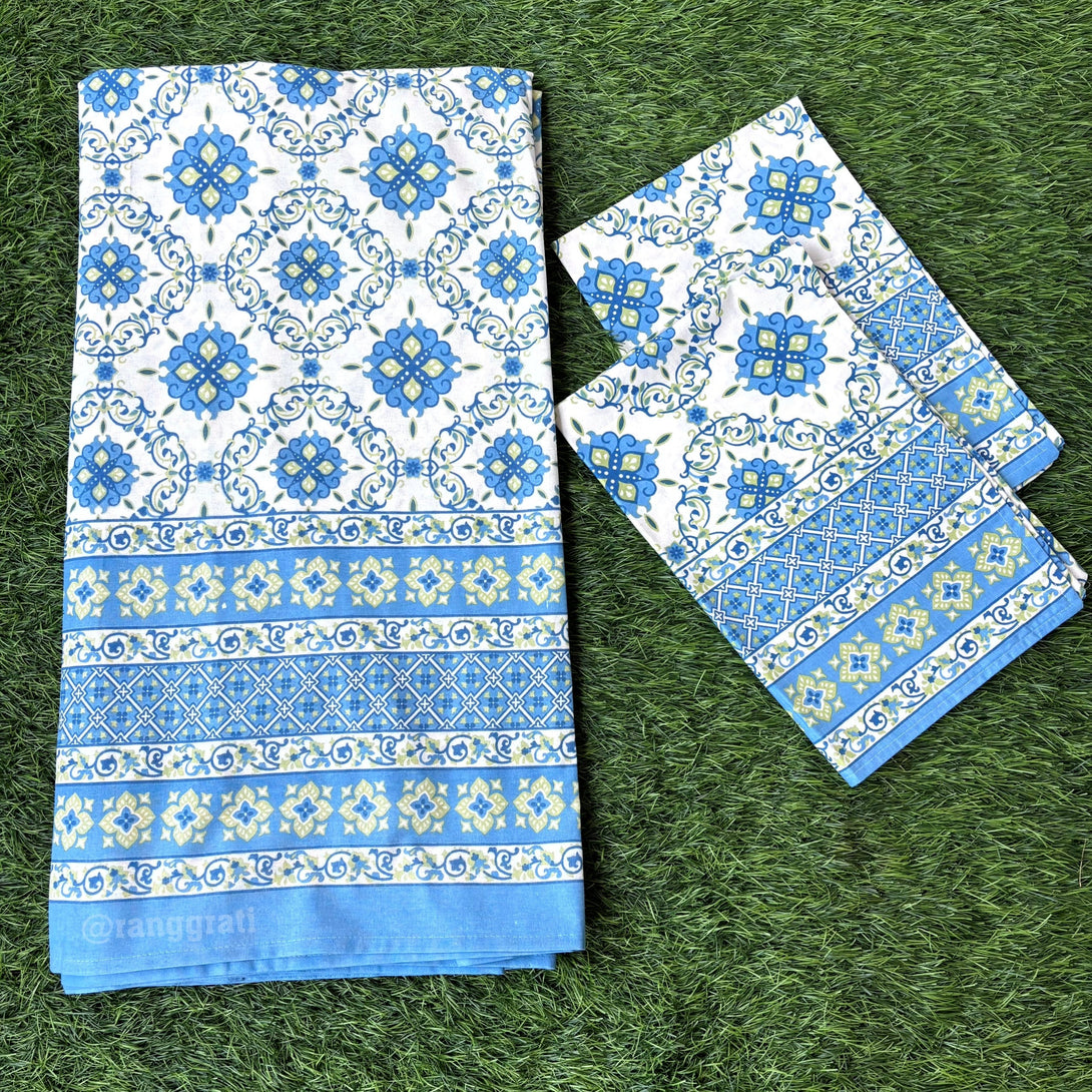 Blue Honeycomb Jaipuri Cotton Bedsheet Super King Size - Bedsheet