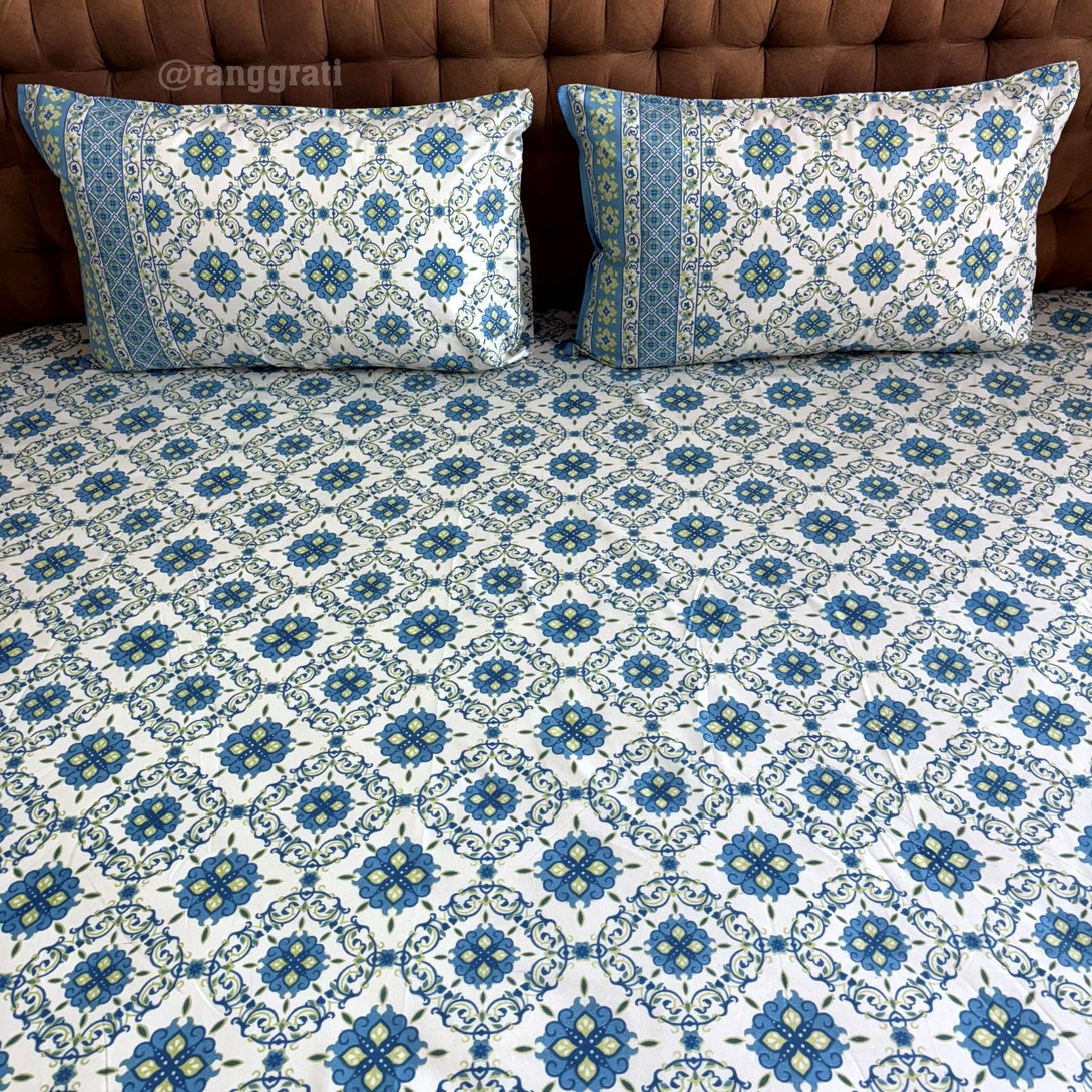 Blue Honeycomb Jaipuri Cotton Bedsheet Super King Size - Bedsheet