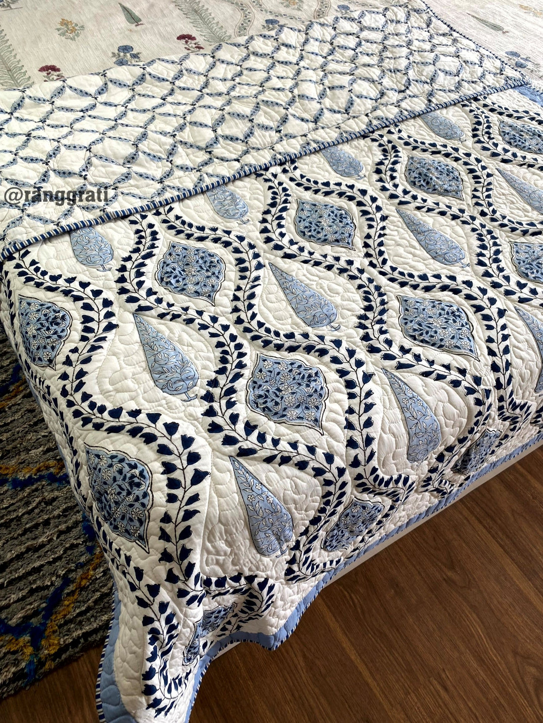Blue Jaal Cotton Jaipuri Quilted Bed Cover For Single Bed - Bedcover