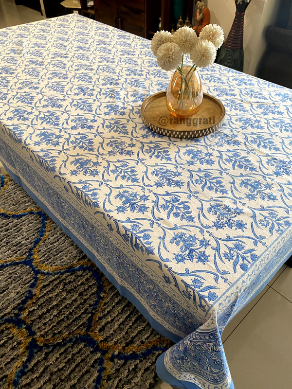 Blue Jaal Floral Table Cover Cloth 6 Seater Dining Table Rectangular