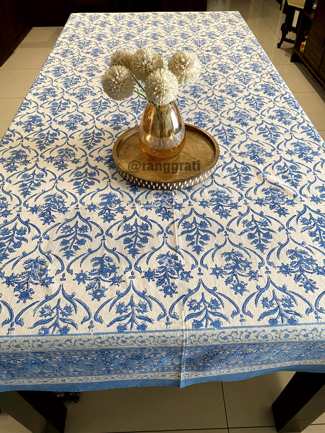 Blue Jaal Floral Table Cover Cloth 6 Seater Dining Table Rectangular Cotton