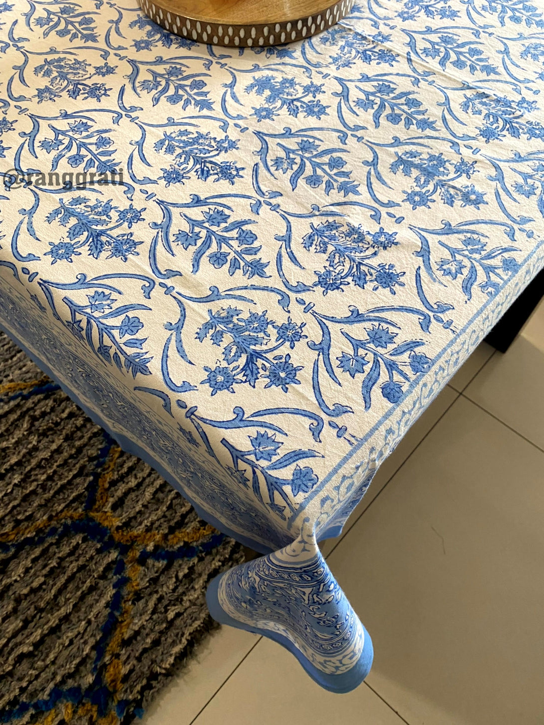 Pure Cotton Blue Jaal Floral Table Cover Cloth 6 Seater Dining Table Rectangular