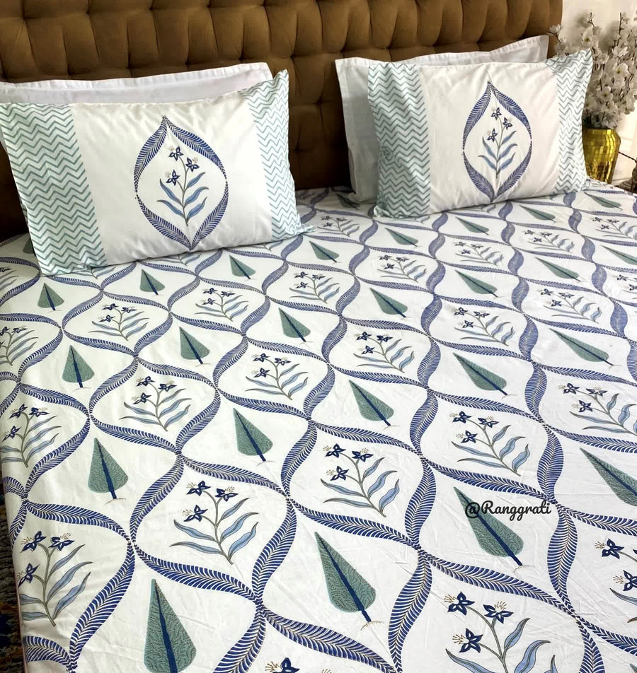 Blue Jaal Pine Cotton Elastic Fitted Bedsheet King Size Hand Block
