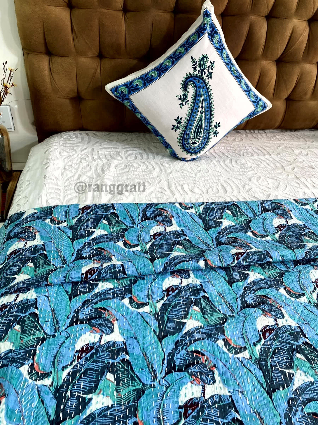 Blue Leaf Kantha Bedcover For Double Bed King Size - Bedcover