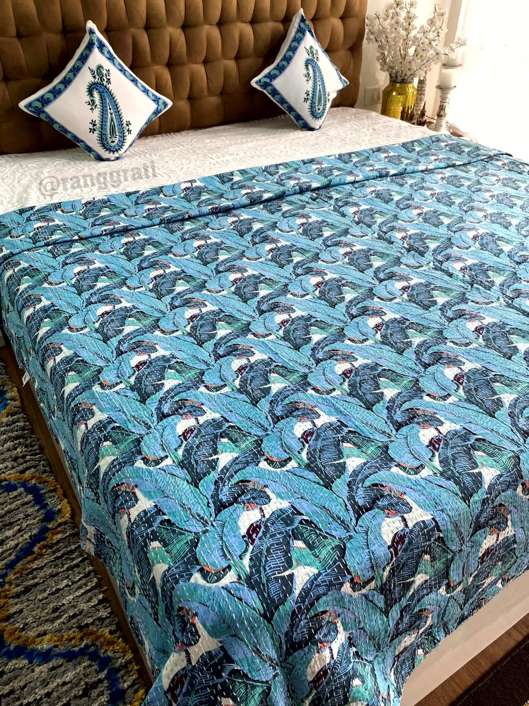Blue Leaf Kantha Bedcover For Double Bed King Size - Bedcover