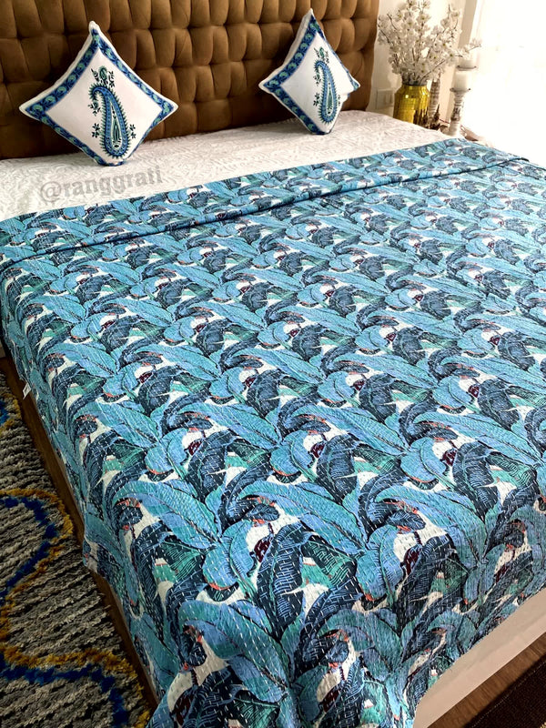 Blue Leaf Kantha Bedcover For Double Bed King Size - Bedcover