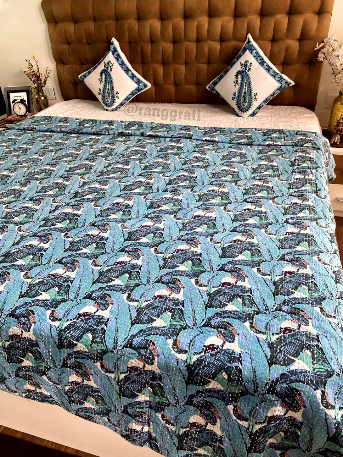 Blue Leaf Kantha Bedcover For Double Bed King Size - Bedcover