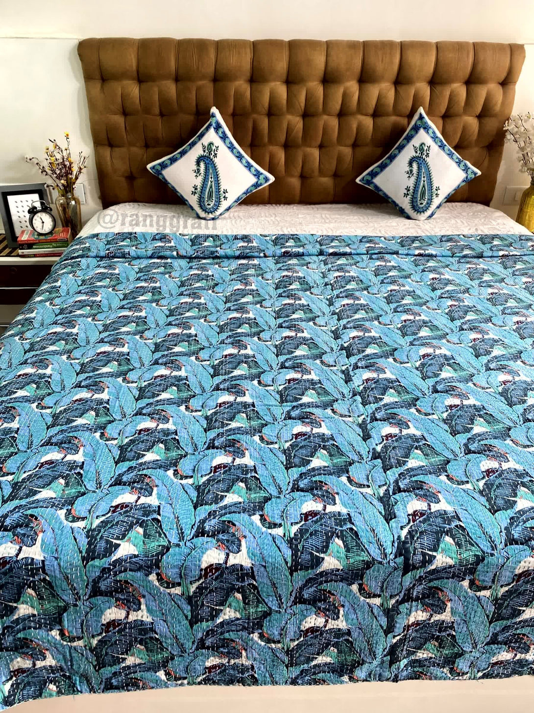 Blue Leaf Kantha Bedcover For Double Bed King Size - Bedcover