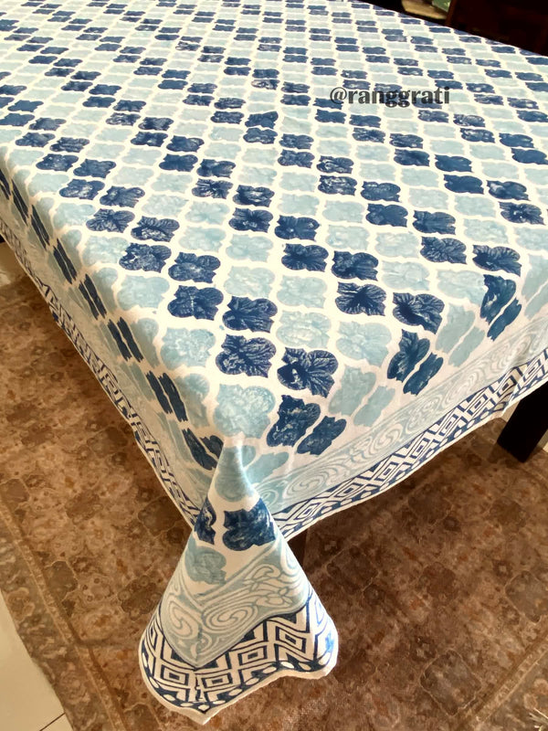 Blue Leaf Table Cover Cloth 6 Seater Hand Block - Table Cover