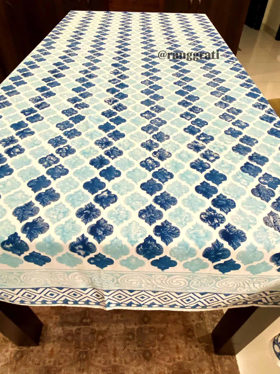 Blue Leaf Table Cover Cloth 6 Seater Hand Block - Table Cover