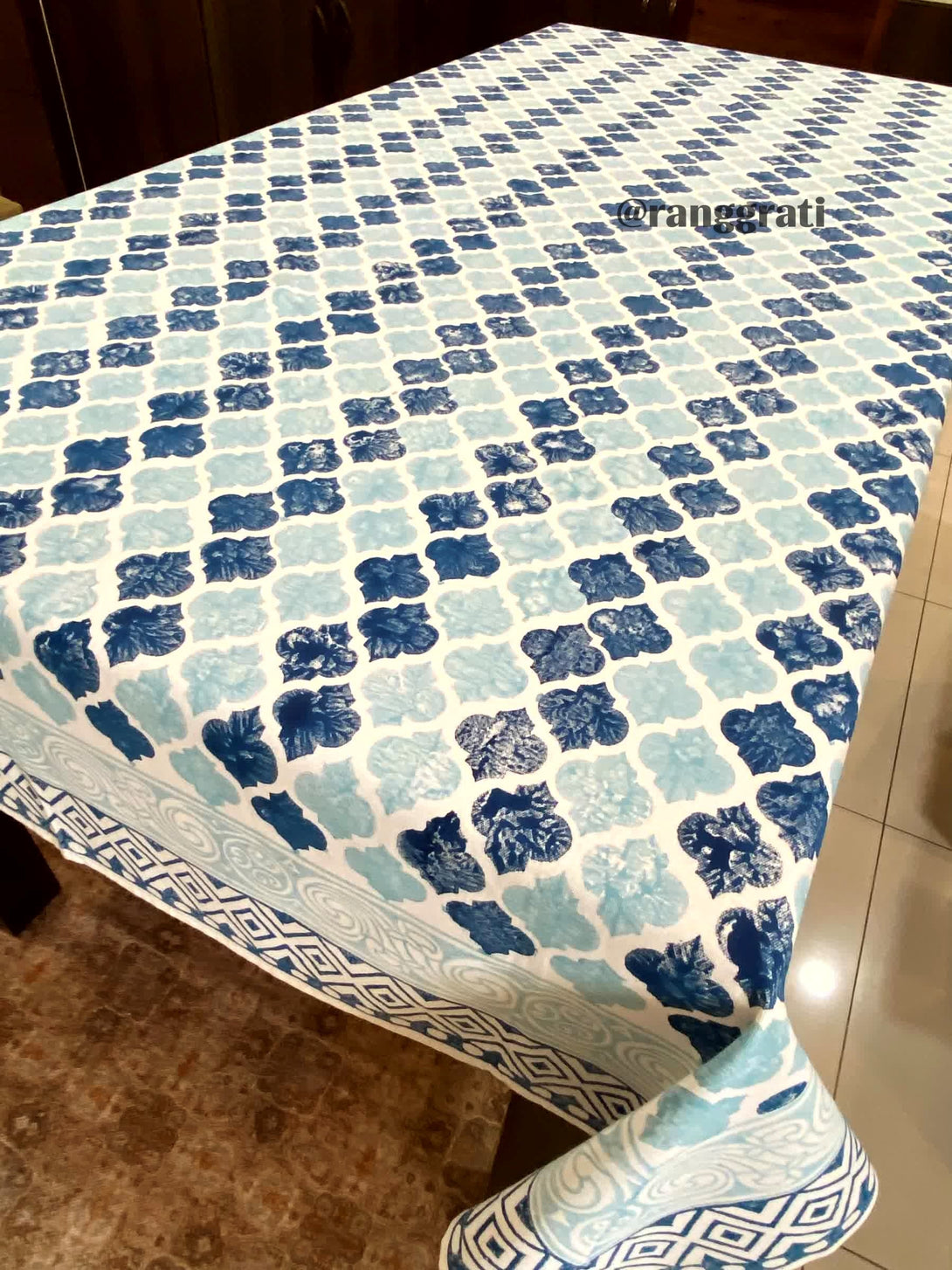 Blue Leaf Table Cover Cloth 6 Seater Hand Block - Table Cover