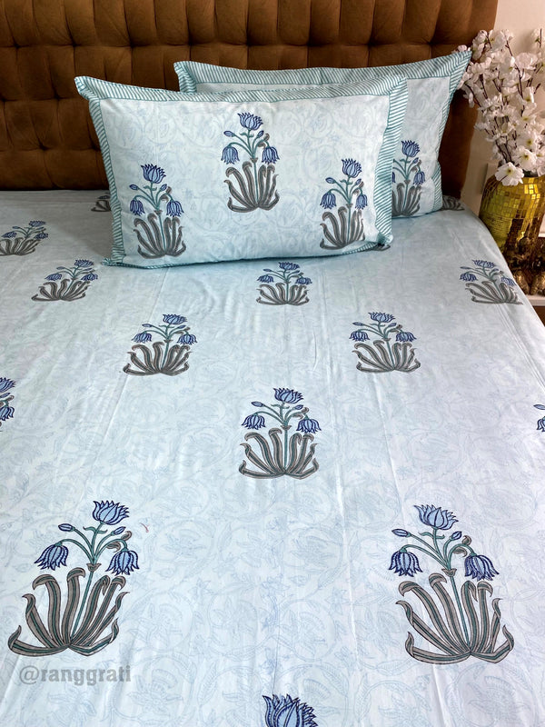 Blue Lotus Super King Size 250 TC Bedsheet Cotton Hand Block