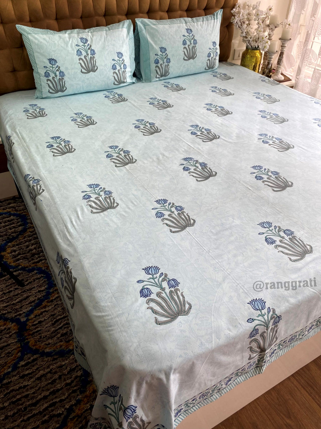 Blue Lotus 250 TC Bedsheet Cotton Hand Block Super King Size