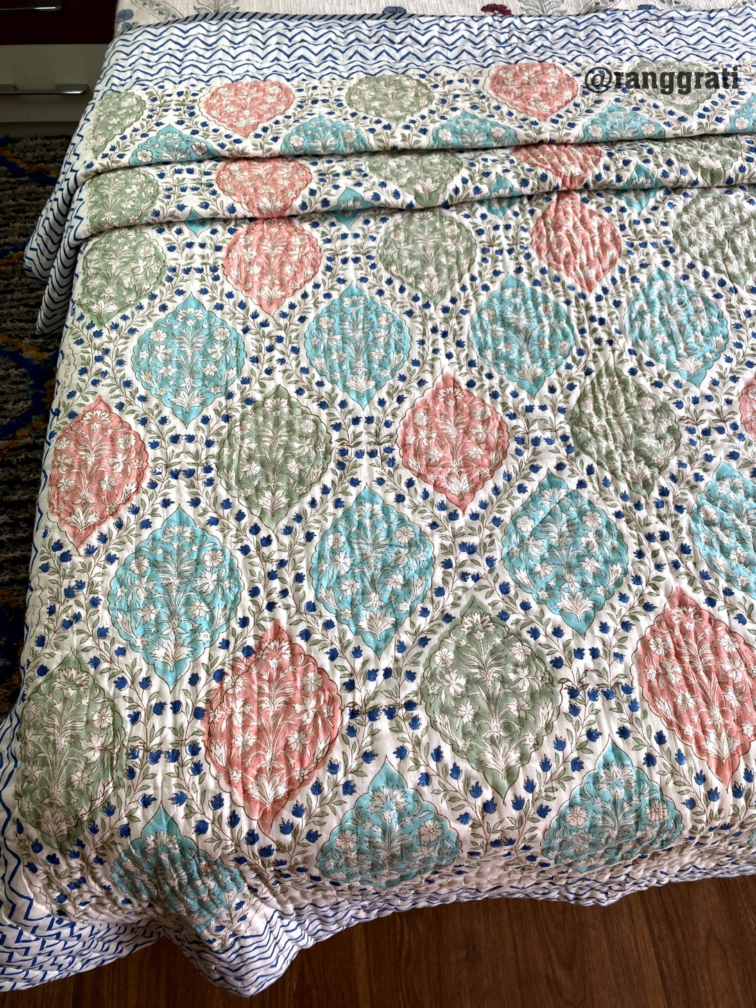 Blue Ogee Floral Single Bed Jaipuri Razai/ Quilt Cotton Hand Block - Razai