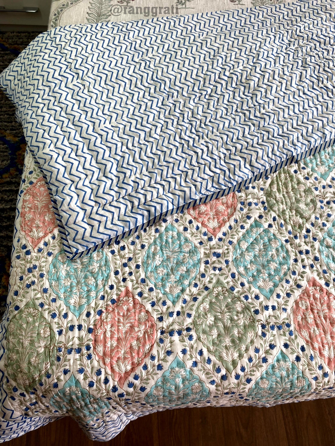 Blue Ogee Floral Single Bed Jaipuri Razai/ Quilt Cotton Hand Block - Razai