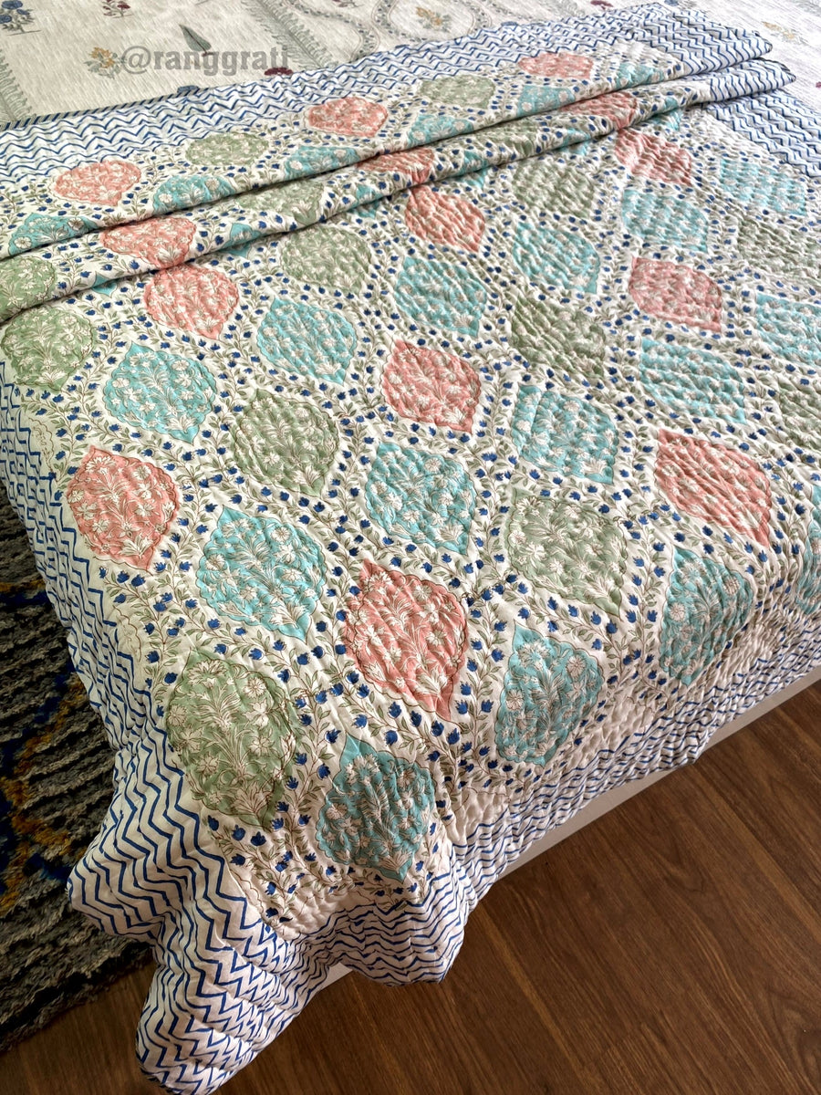 Blue Ogee Floral Single Bed Jaipuri Razai/ Quilt Cotton Hand Block