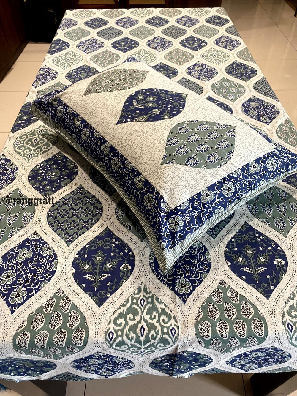 Blue Ogee Jaipuri Cotton Bedsheet For Single Bed With Pillow - Bedsheet