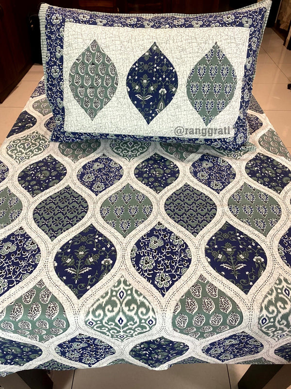Blue Ogee Jaipuri Cotton Bedsheet For Single Bed With Pillow - Bedsheet