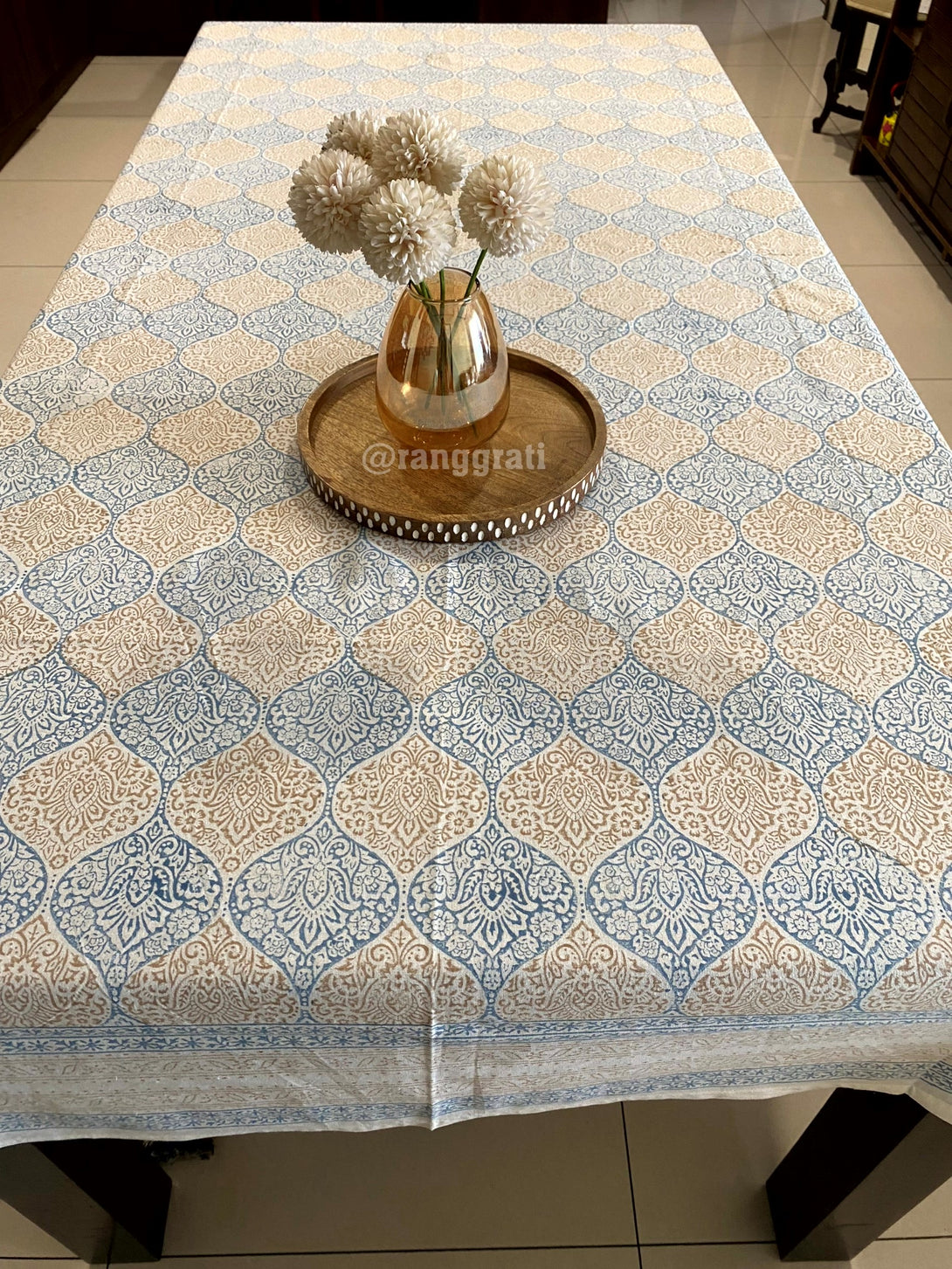 Blue Ogee Table Cover Cloth 6 Seater Dining Table Rectangular Cotton 