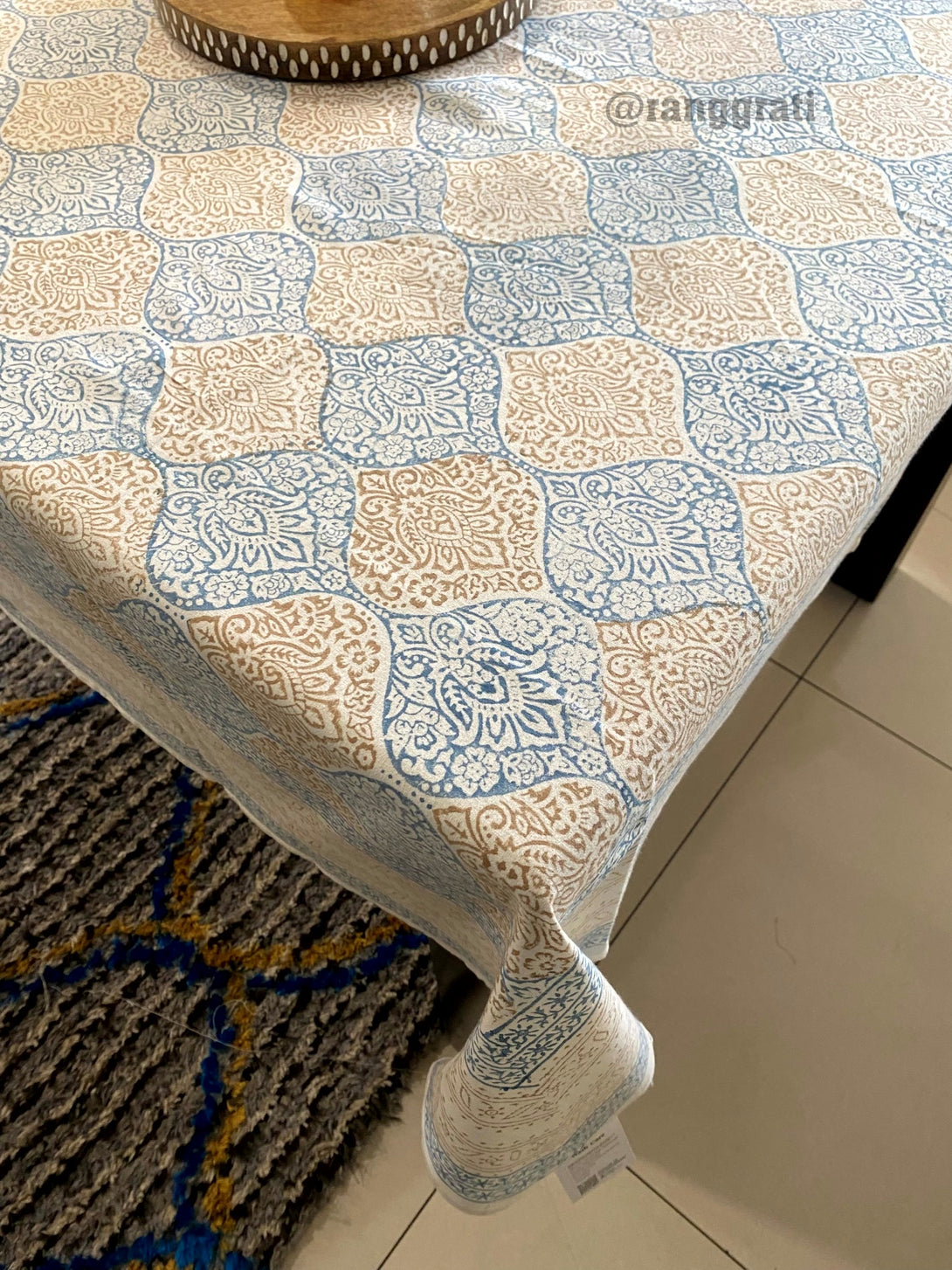 Pure Cotton Blue Ogee Table Cover Cloth 6 Seater Dining Table Rectangular