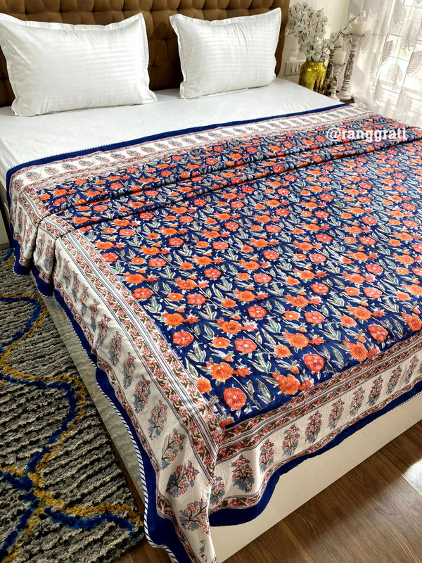 Blue Orange Floral Dohar For Double Bed In Mulmul Cotton Reversible King Size