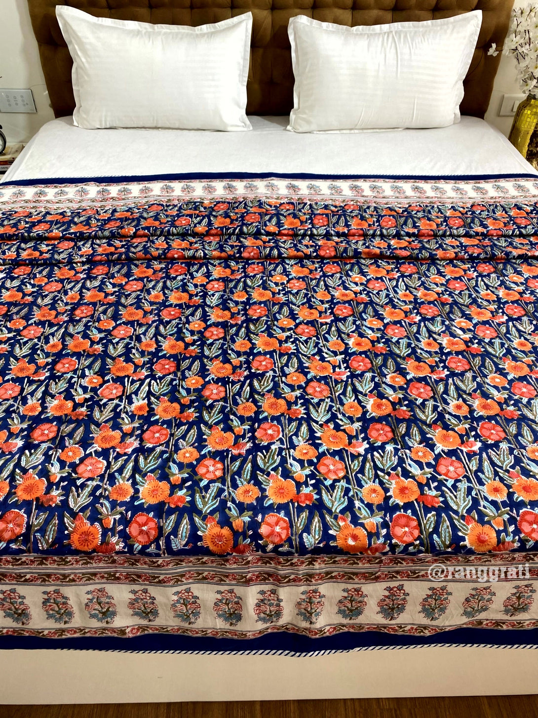 Blue & Orange Floral Reversible King-Size Dohar in Mulmul Cotton