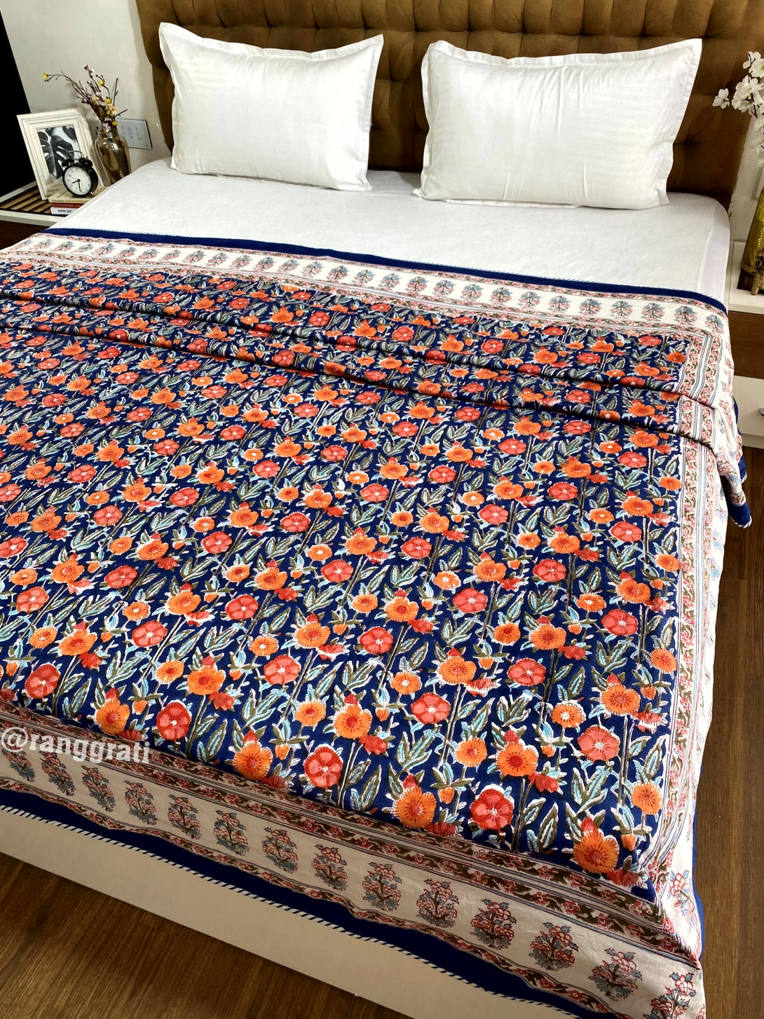 King-Size Reversible Dohar – Blue and Orange Floral Mulmul Cotton