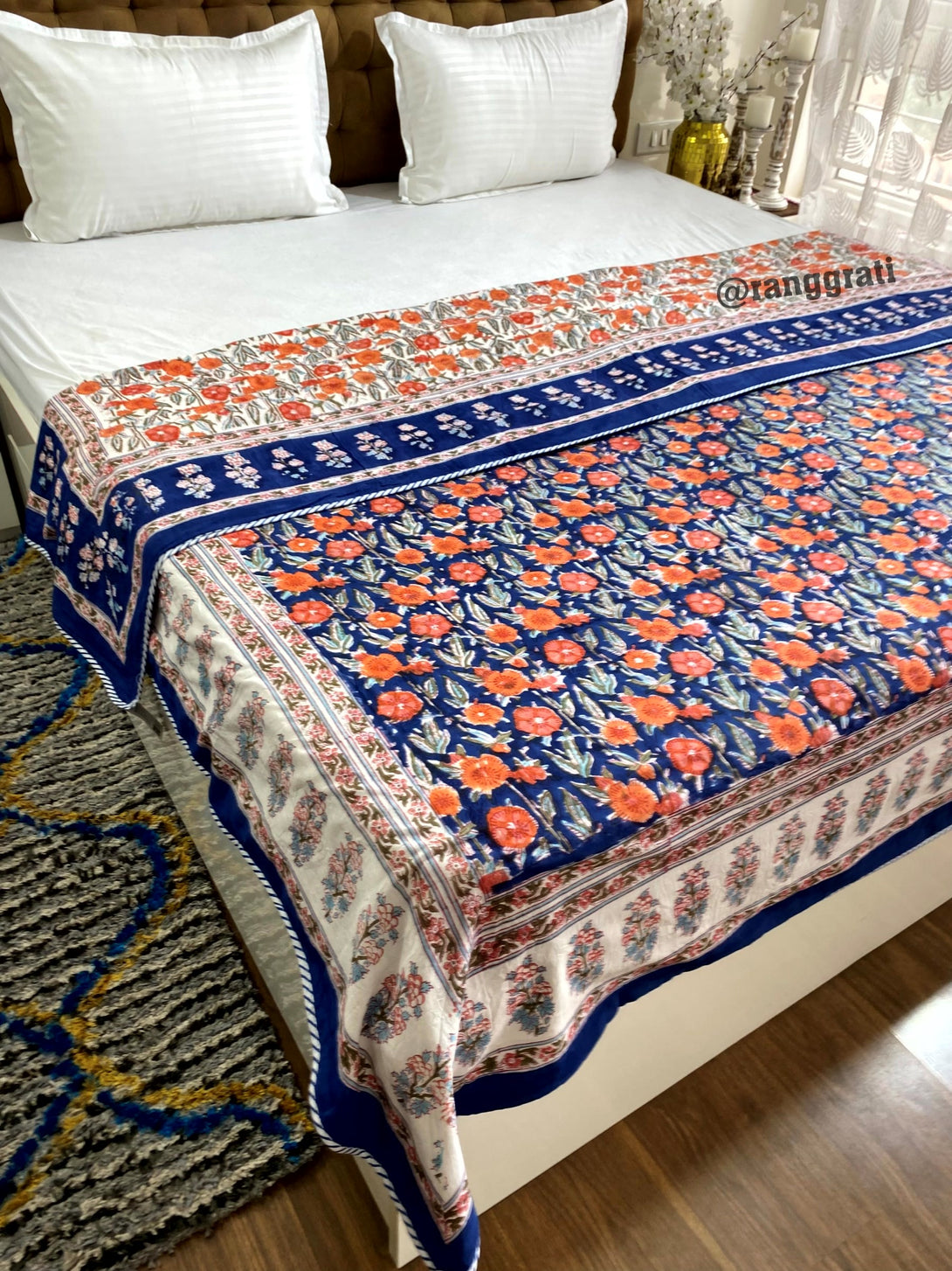 Mulmul Cotton Floral Dohar for Double Bed – Blue & Orange, Reversible