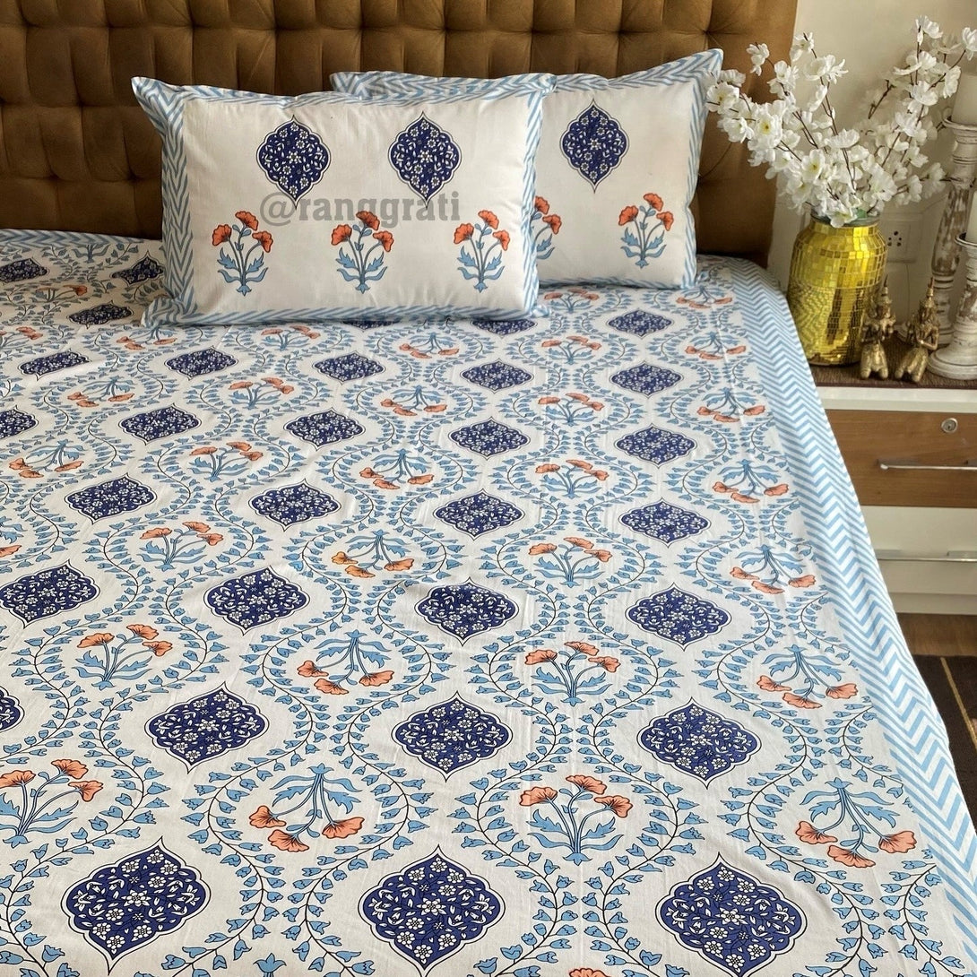 Blue Orange Floral Jaipuri Cotton Bedsheet King Size For Double Bed - Bedsheet