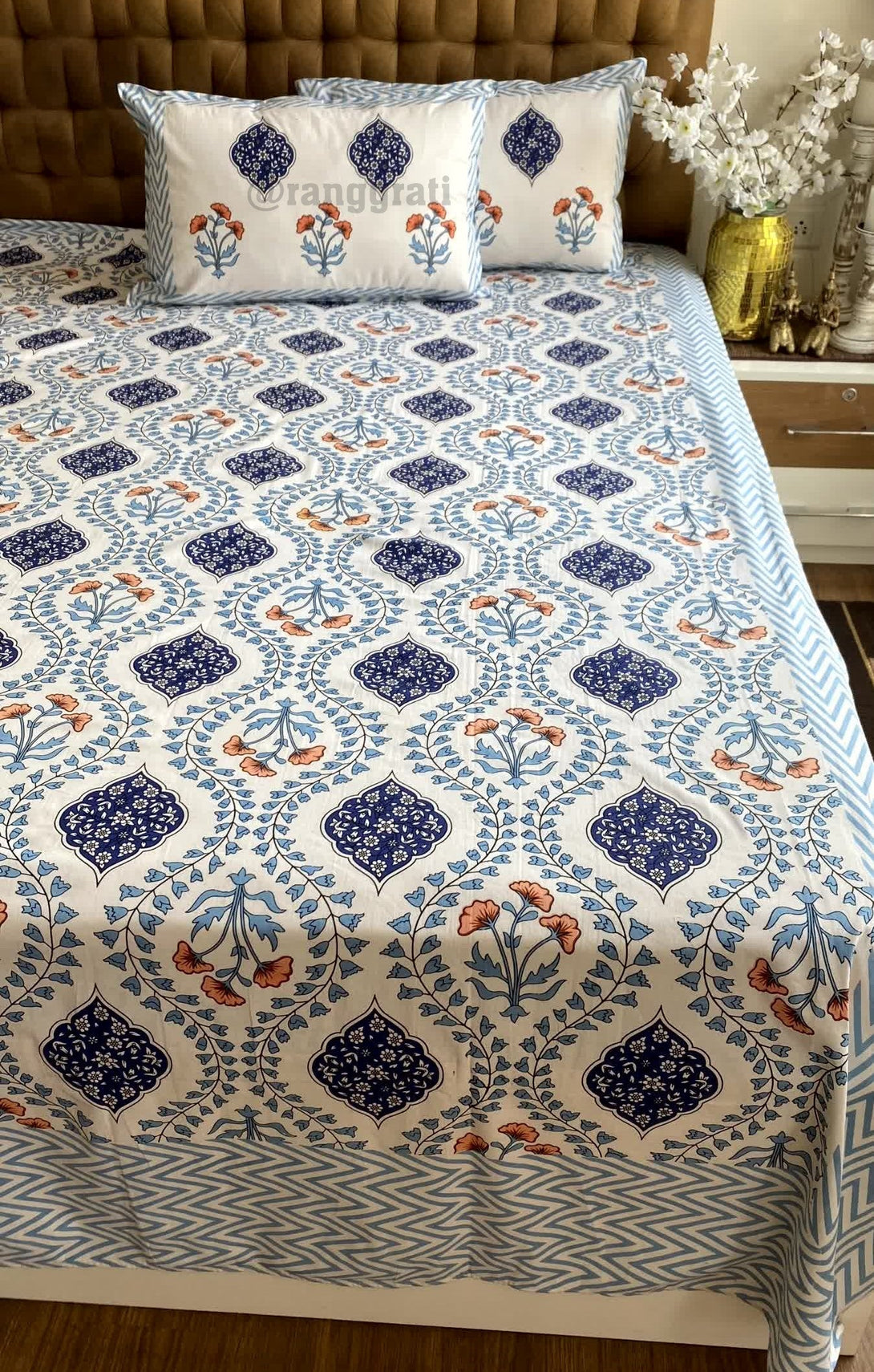 Blue Orange Floral Jaipuri Cotton Bedsheet King Size For Double Bed - Bedsheet