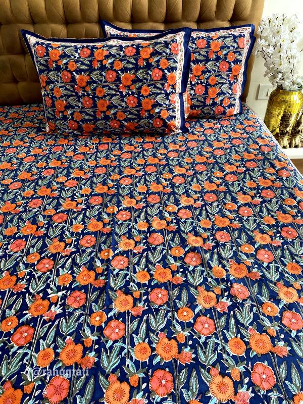 Blue Orange Floral King Size 250 TC Bedsheet Pure Cotton Hand Block