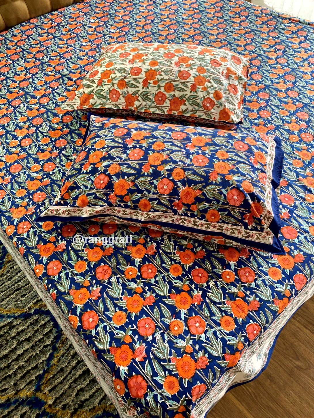 Blue Orange Floral King Size 250 TC Bedsheet Pure Cotton With Matching Pillow Covers