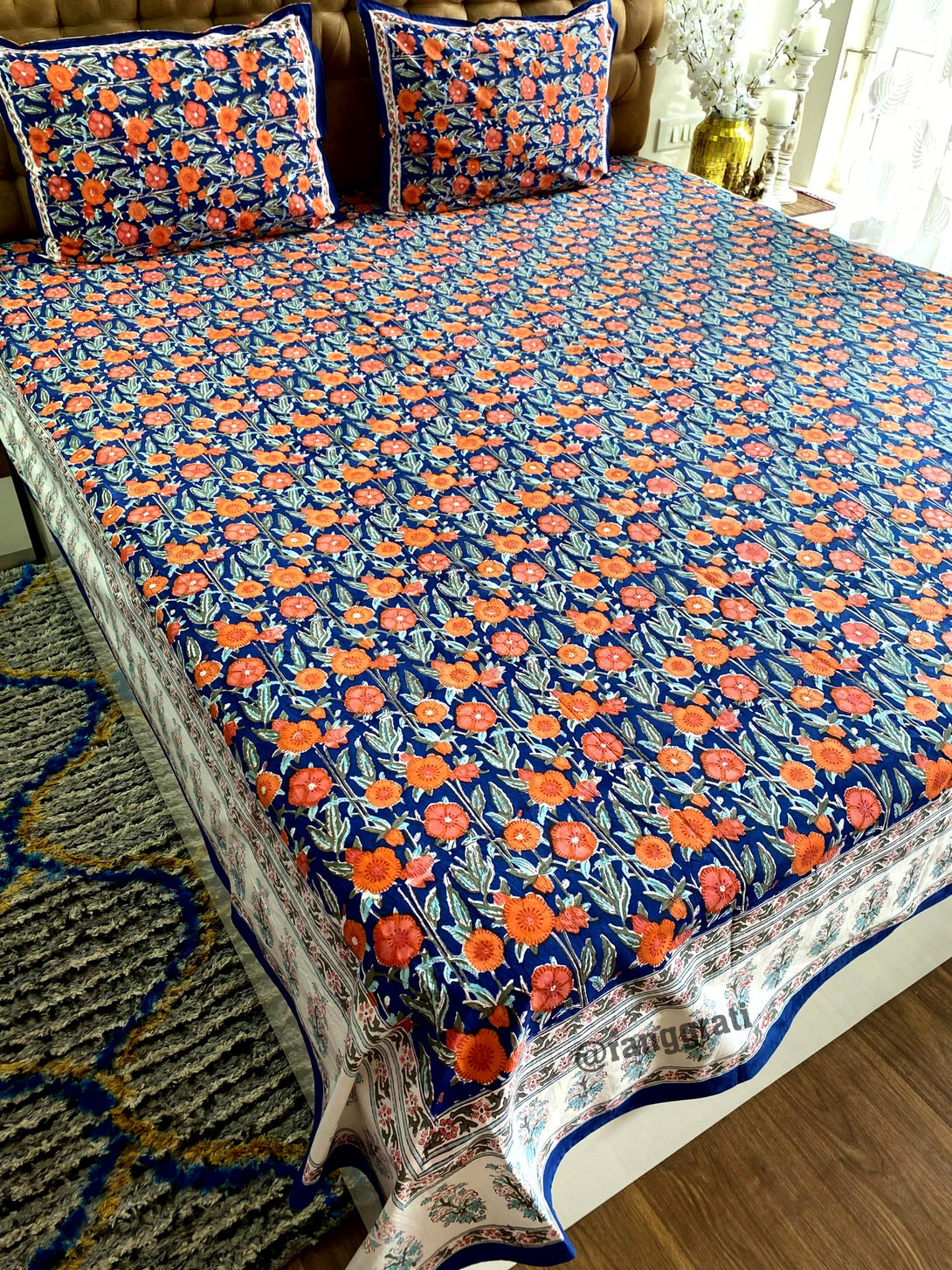 Pure Cotton Blue Orange Floral King Size 250 TC Bedsheet Hand Block