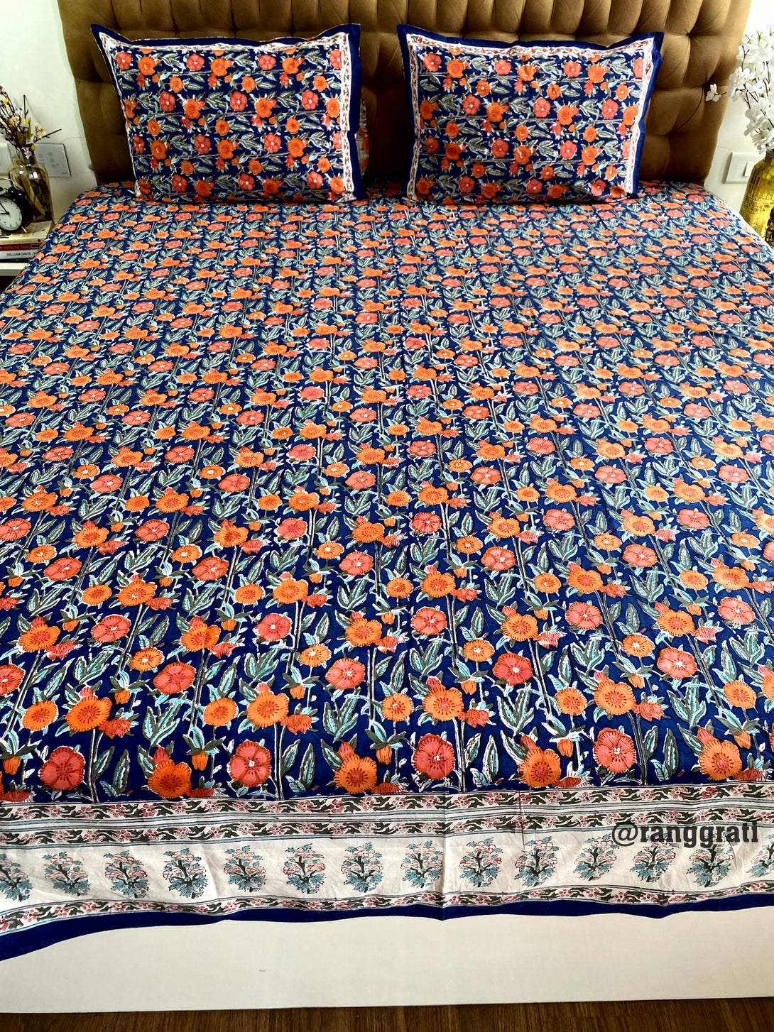 King Size Blue Orange Floral 250 TC Bedsheet Pure Cotton Hand Block
