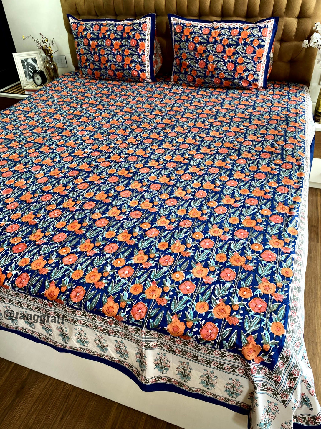 250 TC Blue Orange Floral King Size Bedsheet Pure Cotton Hand Block