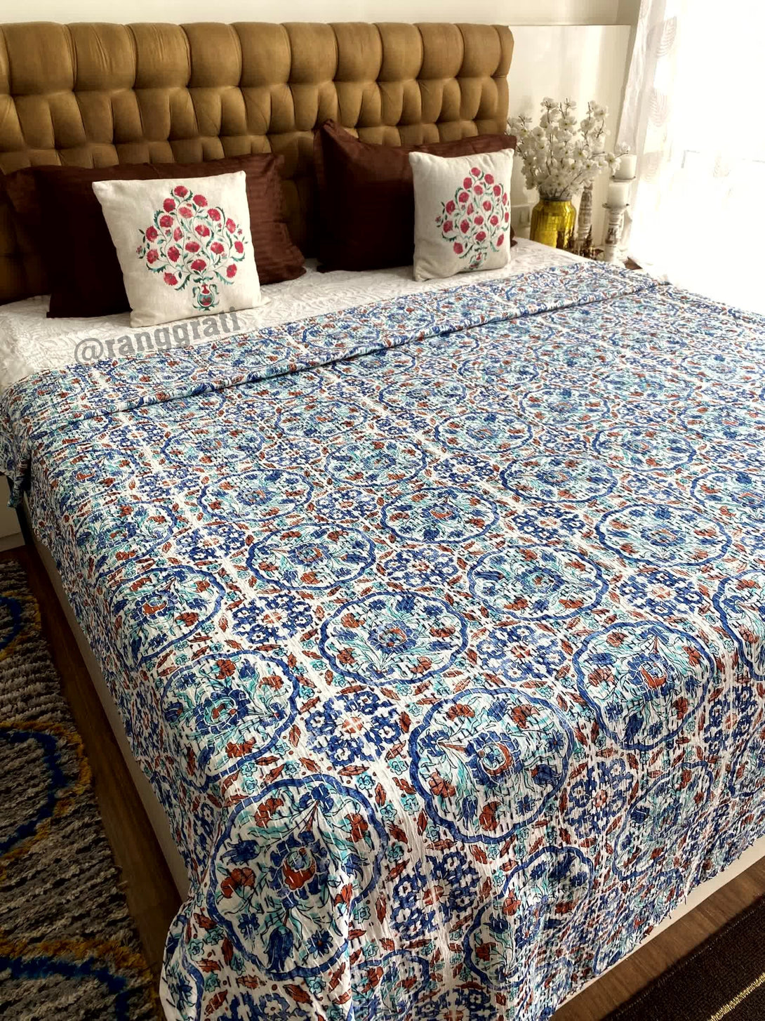 Blue Orange Geometric Kantha Bedcover For Double Bed King Size - Bedcover