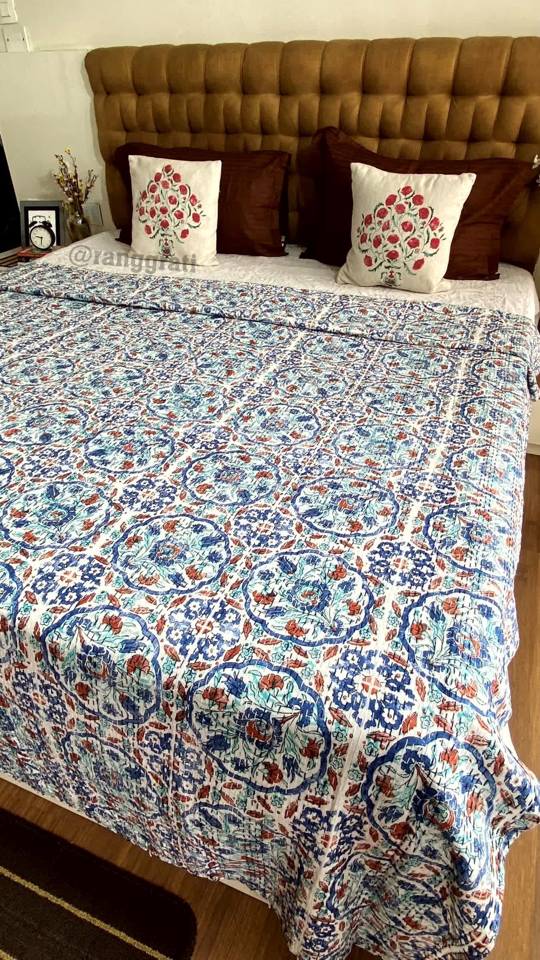 Blue Orange Geometric Kantha Bedcover For Double Bed King Size - Bedcover