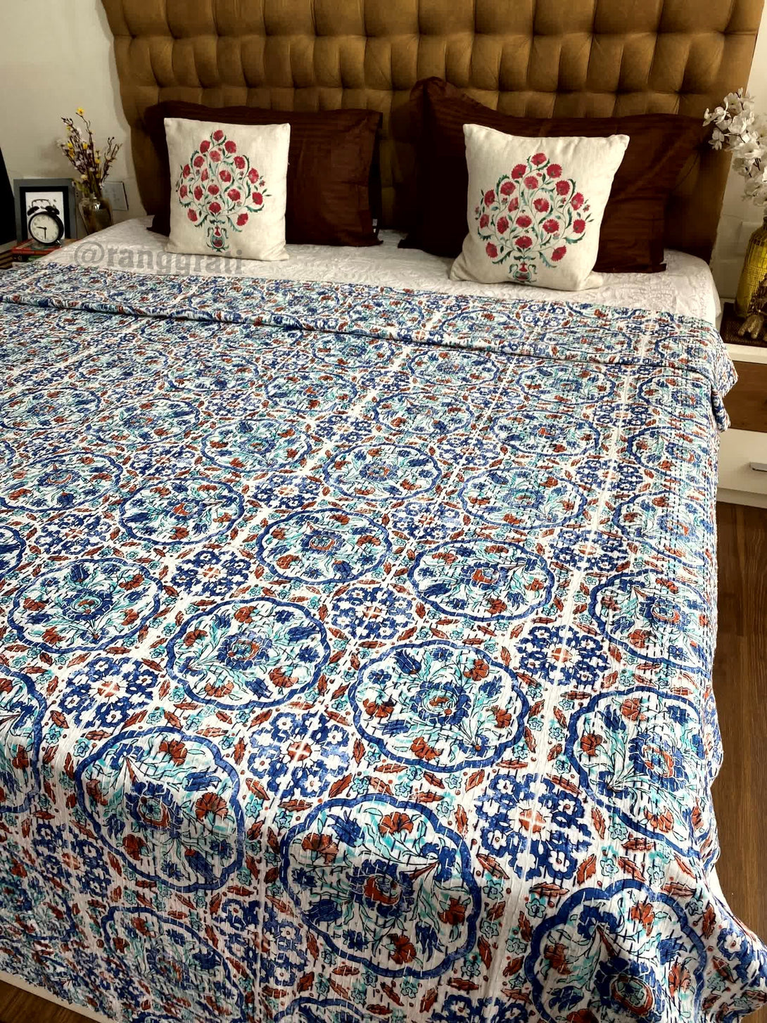 Blue Orange Geometric Kantha Bedcover For Double Bed King Size - Bedcover