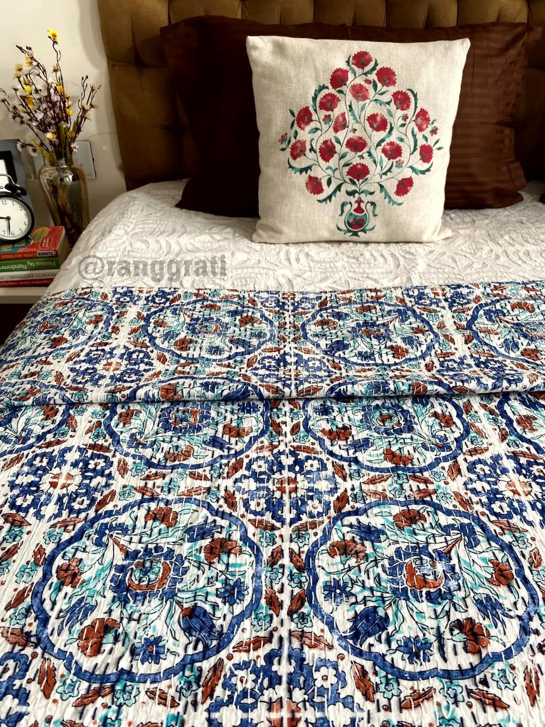 Blue Orange Geometric Kantha Bedcover For Double Bed King Size - Bedcover