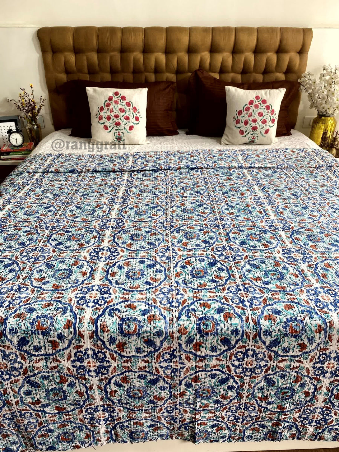 Blue Orange Geometric Kantha Bedcover For Double Bed King Size - Bedcover