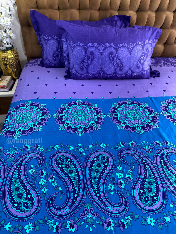 Blue Paisley Floral Double Bed Large Size Bedsheet Cotton | 108x108 inches