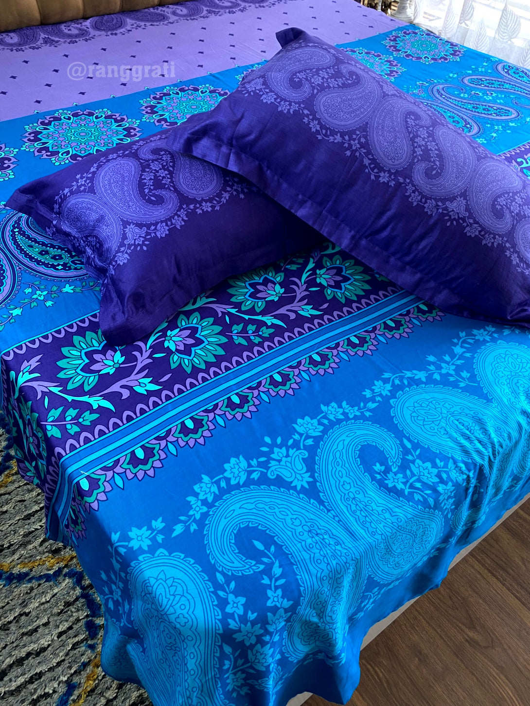 Blue Paisley Floral Double Bed Large Size Bedsheet Cotton With Pillow Covers