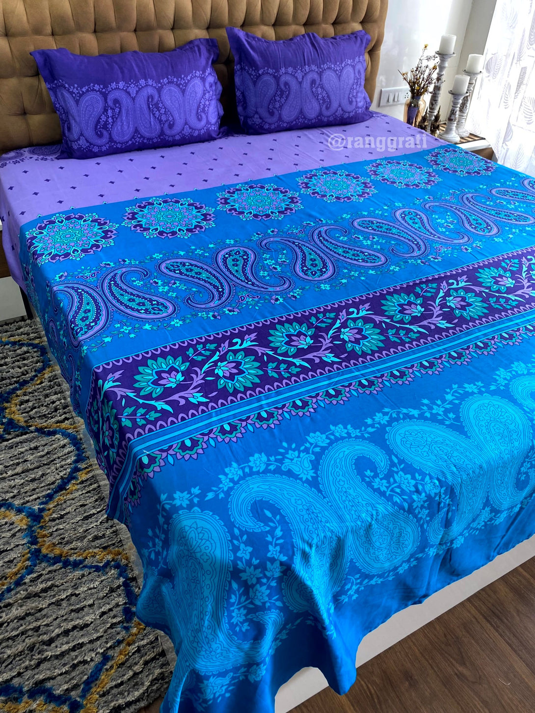 Blue Paisley Floral Double Bed Super King  Size Bedsheet Cotton 