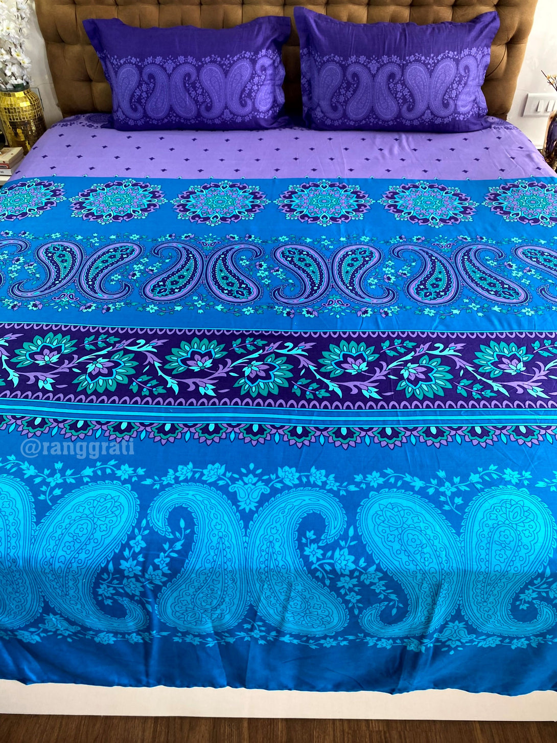 Blue Paisley Floral Bedsheet For Double Bed Cotton Super King