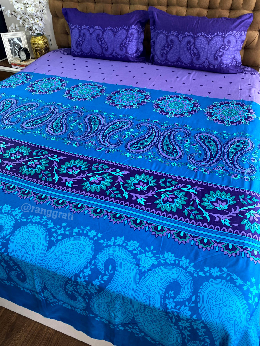 Super King Blue Paisley Floral Bedsheet For Double Bed Cotton