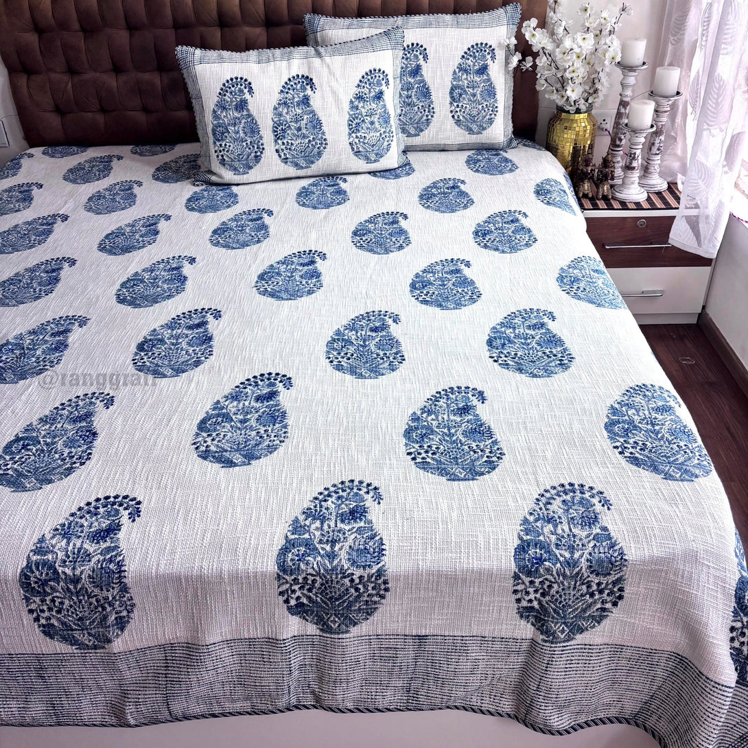 Blue Paisley Floral Jute Cotton Bedcover King Size - Bedcover
