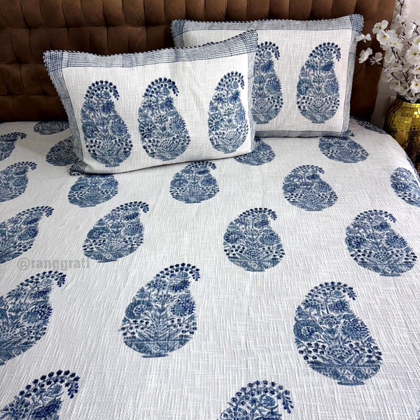 Blue Paisley Floral Jute Cotton Bedcover King Size - Bedcover