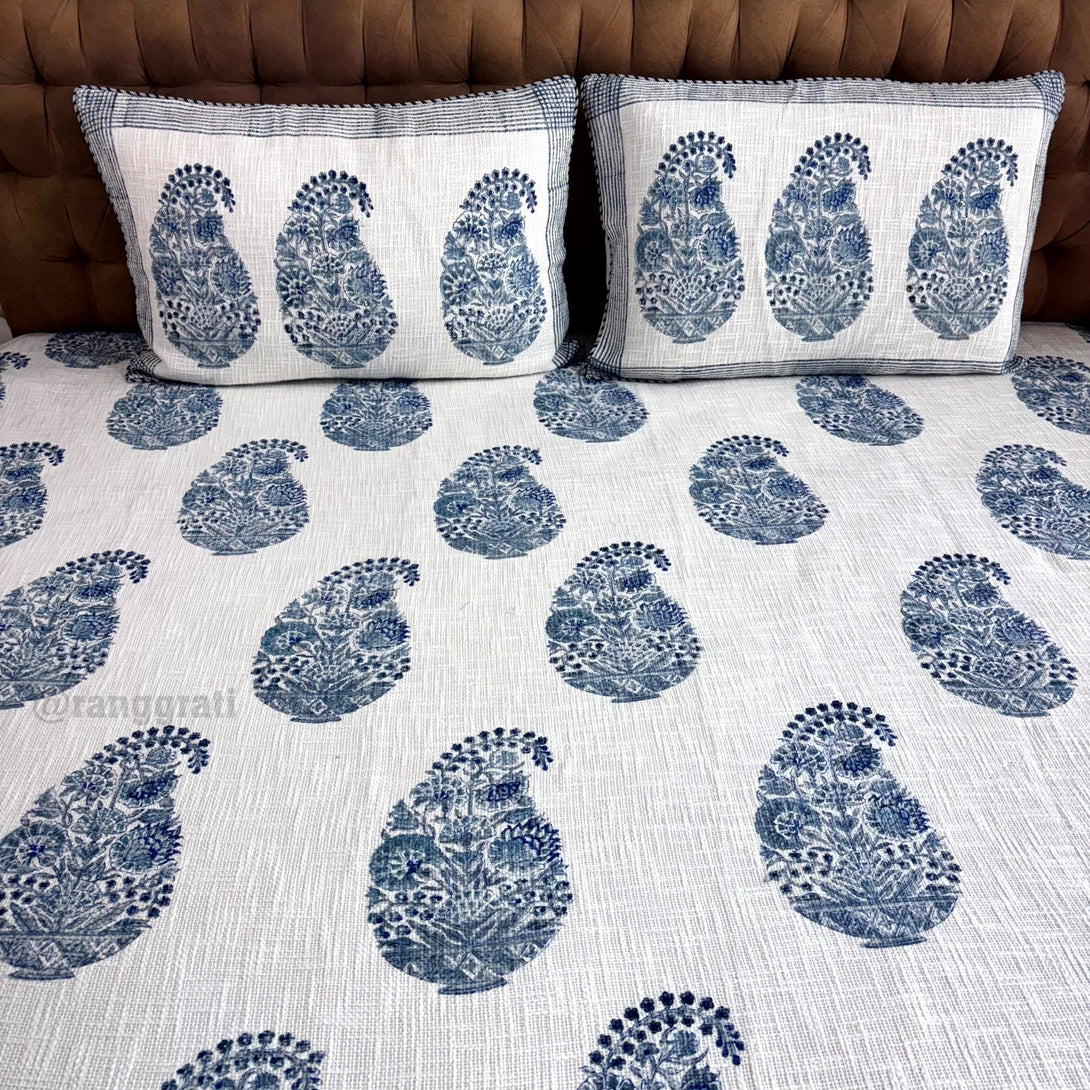 Blue Paisley Floral Jute Cotton Bedcover King Size - Bedcover