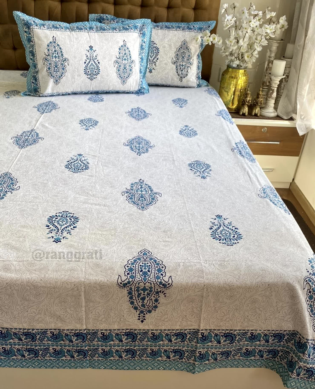 Blue Paisley Jaipuri Cotton Bedsheet King Size For Double Bed - Bedsheet