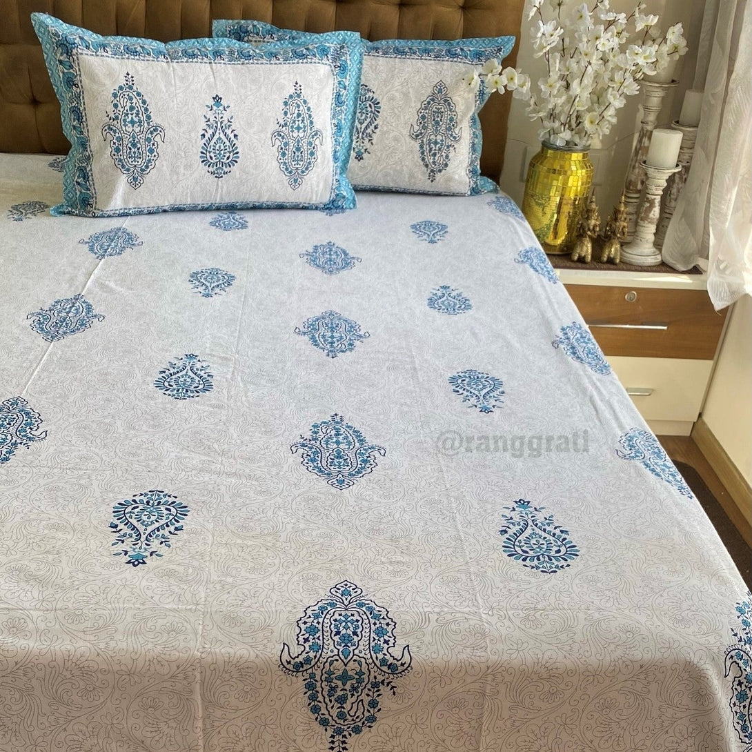 Blue Paisley Jaipuri Cotton Bedsheet King Size For Double Bed - Bedsheet